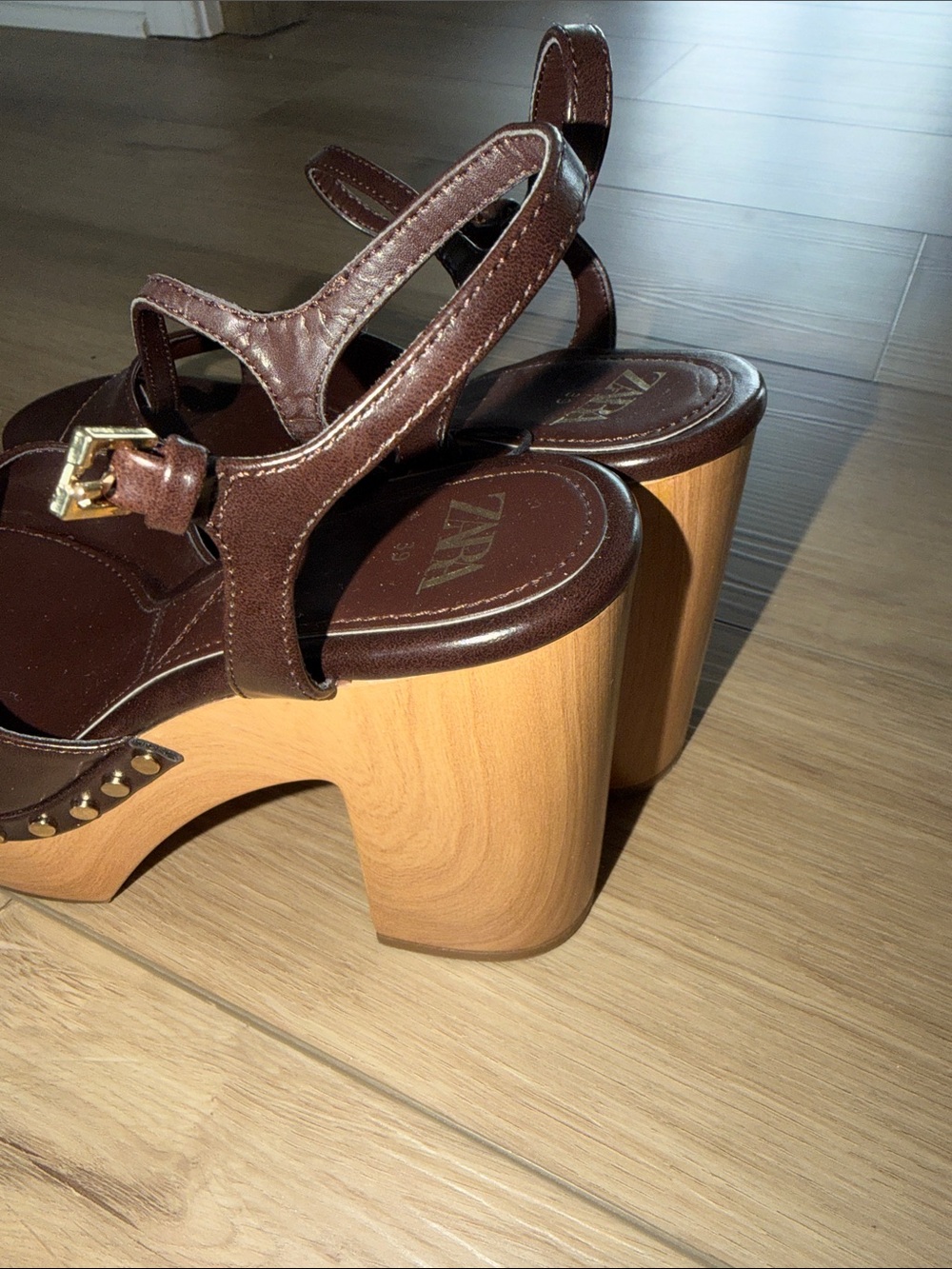 Zara Chocolate Brown Leather Platform Sandals with Wooden Block Heel 39 US 8 NWT - Picture 4 of 6